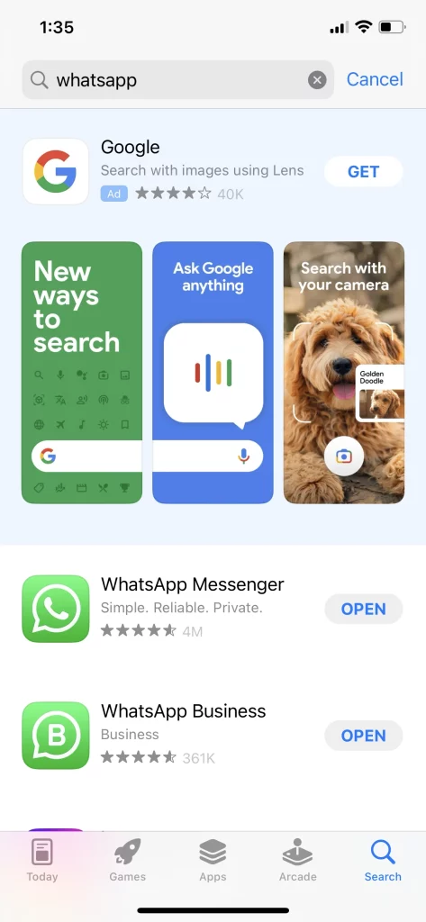 Searching WhatsApp On App Store