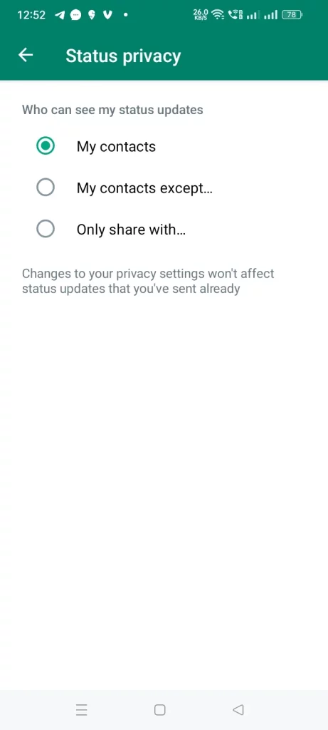 Whatsapp status privacy settings