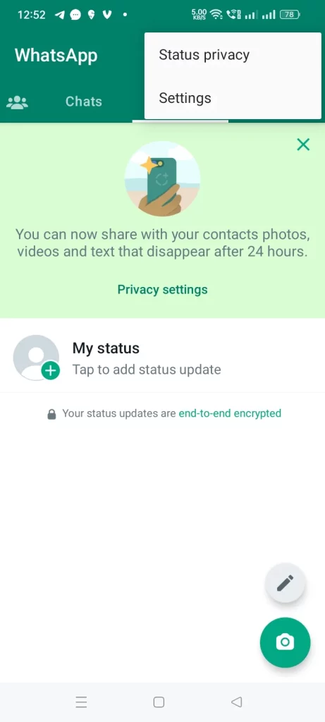 Whatsapp status settings menu
